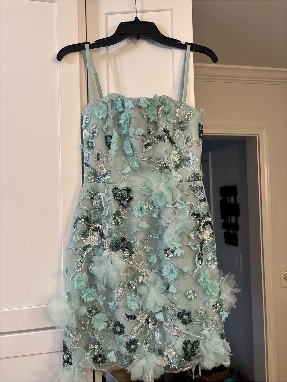 new Helsi Hilma 3D floral appliqué mesh mini dress in Sage seafoam green - Picture 2 of 6